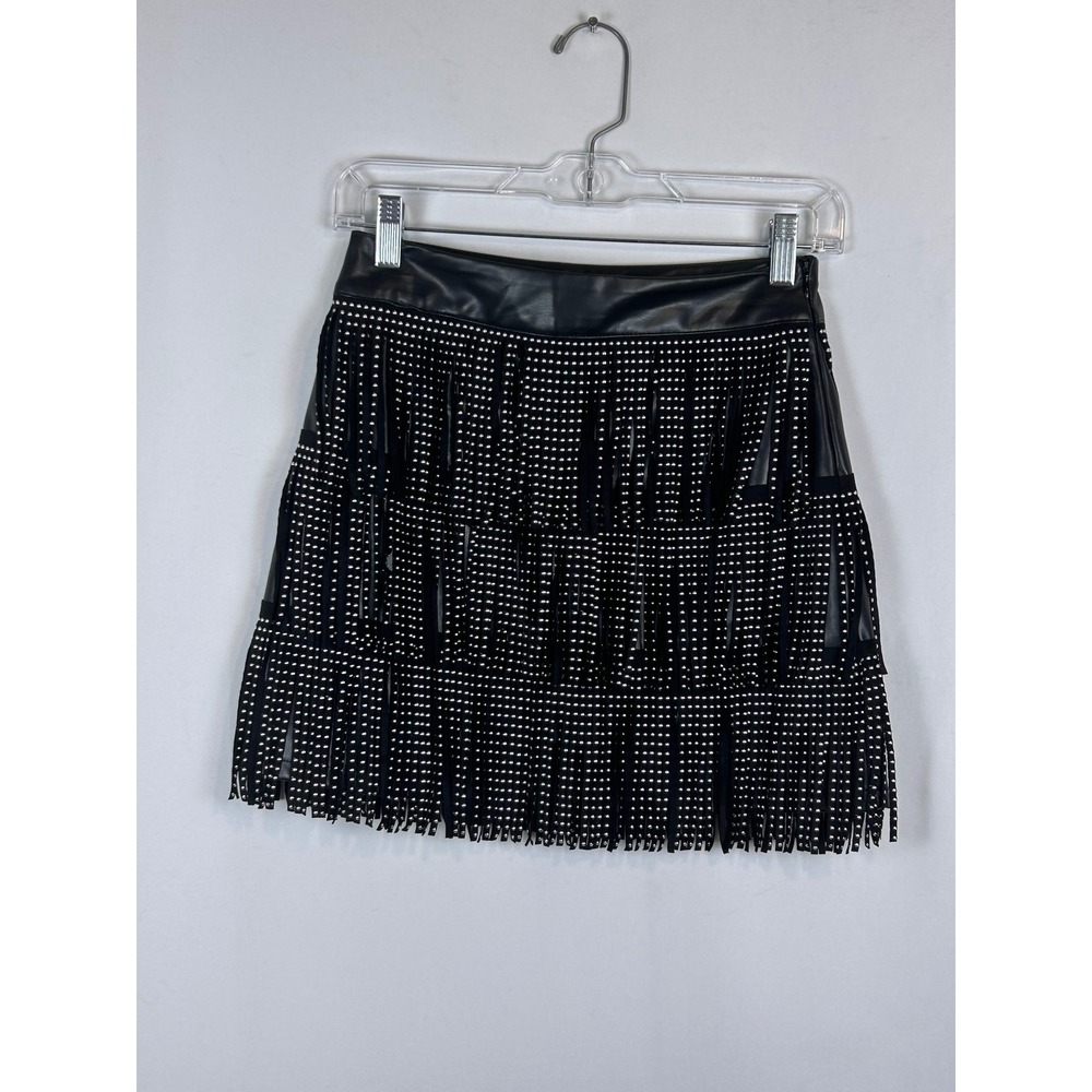 Faux Leather Studded Fringe Mini Skirt Black Western Rocker Festival Skirt